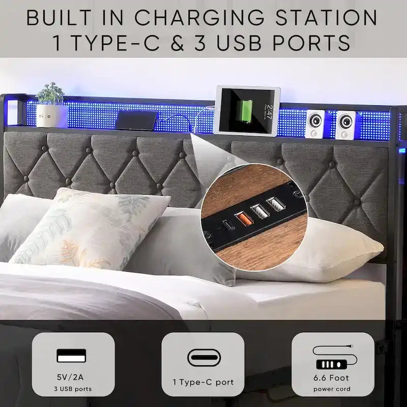 Platform Bed Frame with Storage Headboard, Charging Station and LED Lights