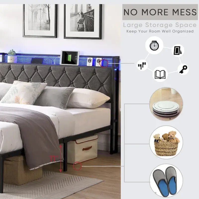 Platform Bed Frame with Storage Headboard, Charging Station and LED Lights