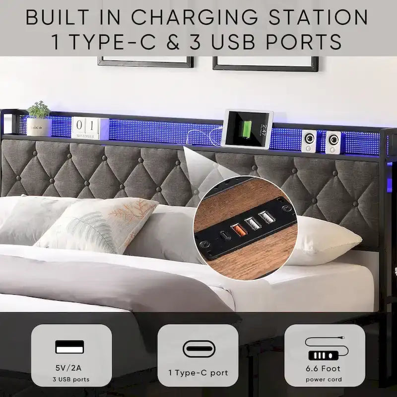Lit plate-forme avec tête de lit de rangement, station de charge et lumières LED