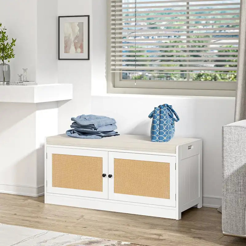 White Entryway Shoe Bench (with Cushion and Adjustable Shelf) — 39.8" W x 15.7" D x 18" H