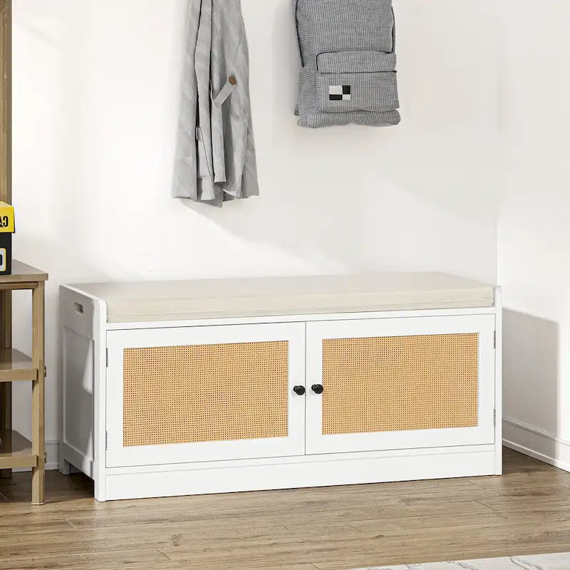 White Entryway Shoe Bench (with Cushion and Adjustable Shelf) — 39.8" W x 15.7" D x 18" H