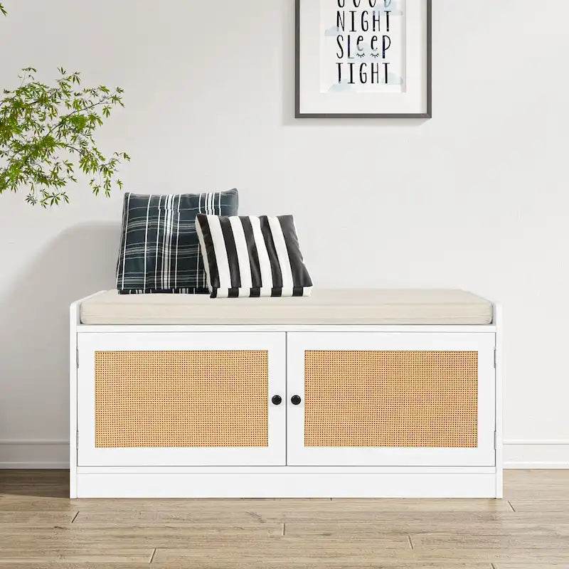 White Entryway Shoe Bench (with Cushion and Adjustable Shelf) — 39.8" W x 15.7" D x 18" H