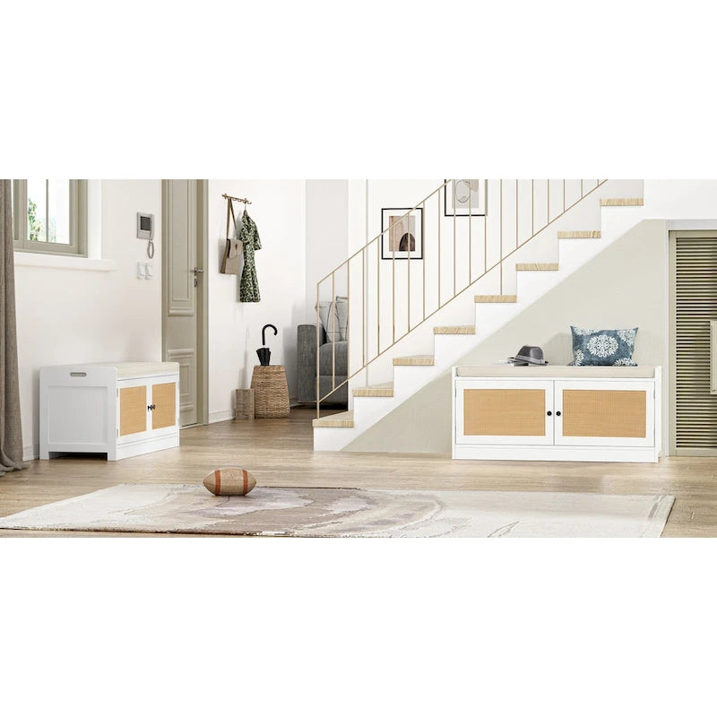 White Entryway Shoe Bench (with Cushion and Adjustable Shelf) — 39.8" W x 15.7" D x 18" H