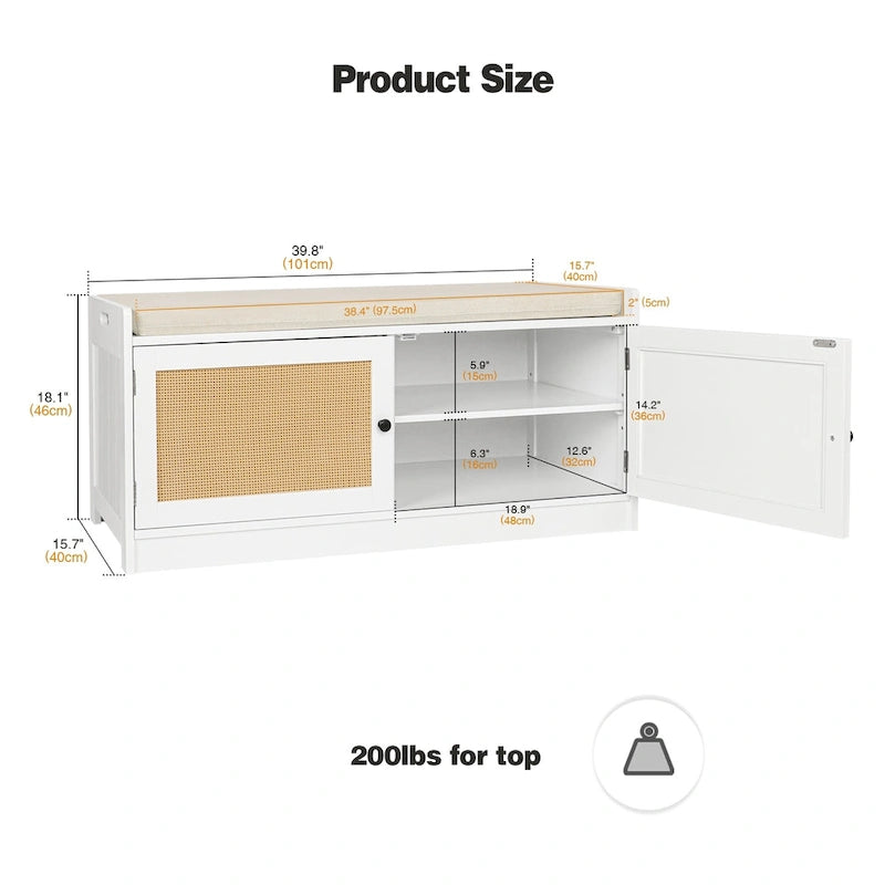 White Entryway Shoe Bench (with Cushion and Adjustable Shelf) — 39.8" W x 15.7" D x 18" H