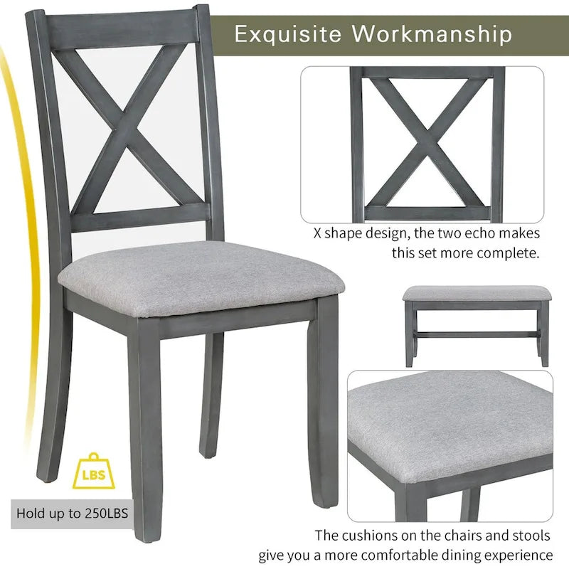 6-Piece Family Dining Room Set Solid Wood Space Saving Foldable Table and 4 Chairs with Bench for Dining Room