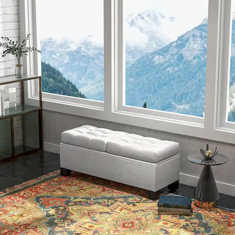 Storage Ottoman Bench, Upholstered End of Bed Bench with Steel Frame, Button Tufted Storage Bench with Safety Hinges