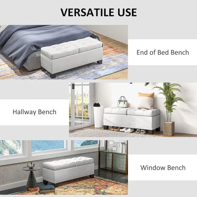 Storage Ottoman Bench, Upholstered End of Bed Bench with Steel Frame, Button Tufted Storage Bench with Safety Hinges