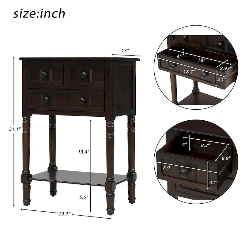 Table console/table d'appoint étroite et fine pour expresso avec 3 tiroirs et 1 étagère inférieure - 60,2 cm L x 33 cm l x 79 cm H