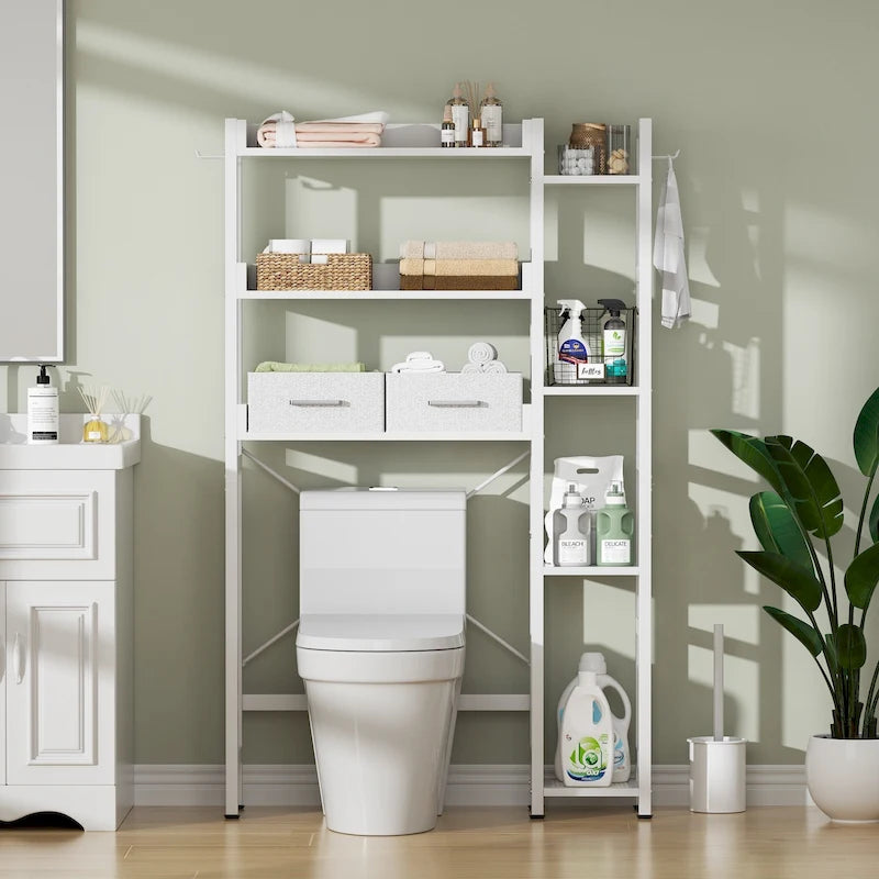 31 W Over the Toilet Storage Shelf with 2 Drawers and 4 Hooks for Restroom and Laundry