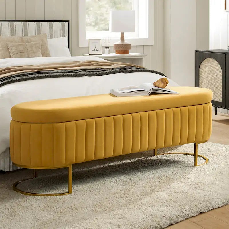 Mid-Century Modern Upholstered Storage Bench (with Built-in Divider and Metal Legs)