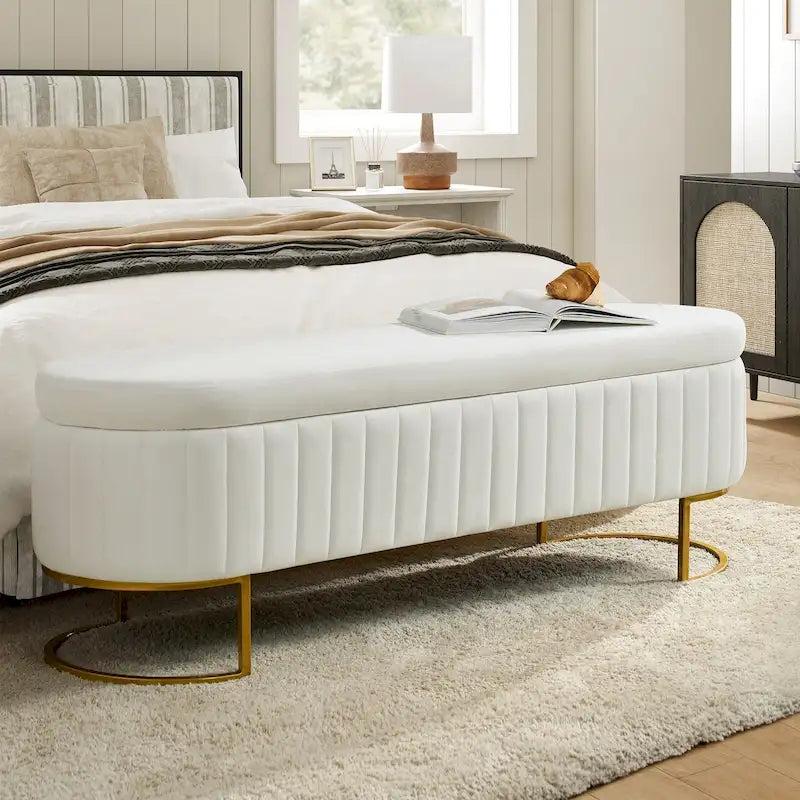 Mid-Century Modern Upholstered Storage Bench (with Built-in Divider and Metal Legs)