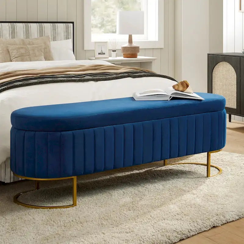 Mid-Century Modern Upholstered Storage Bench (with Built-in Divider and Metal Legs)