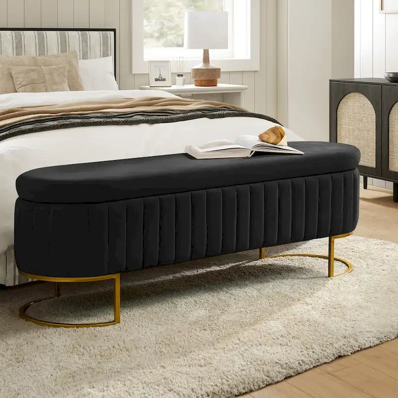 Mid-Century Modern Upholstered Storage Bench (with Built-in Divider and Metal Legs)