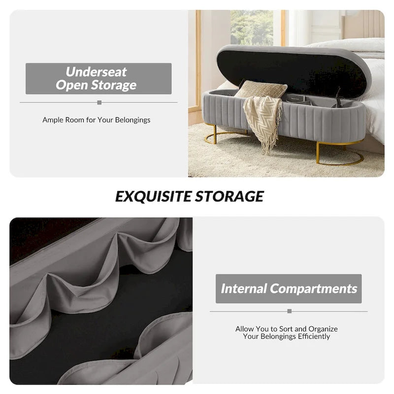 Mid-Century Modern Upholstered Storage Bench (with Built-in Divider and Metal Legs)