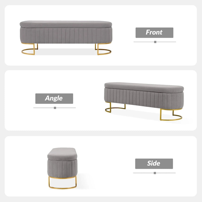 Mid-Century Modern Upholstered Storage Bench (with Built-in Divider and Metal Legs)