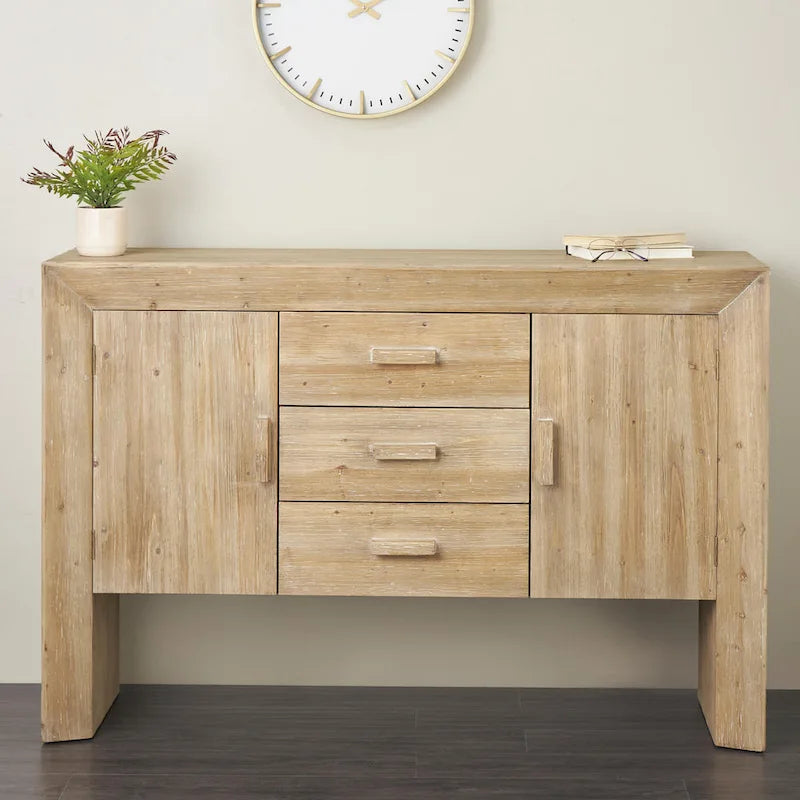 Meuble de rangement en bois : Enfilade deux portes, trois tiroirs (Grain de bois naturel) — Marron