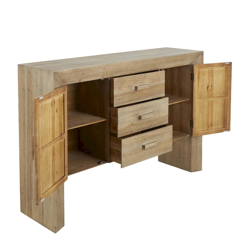 Meuble de rangement en bois : Enfilade deux portes, trois tiroirs (Grain de bois naturel) — Marron