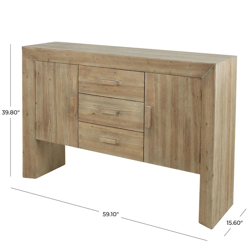 Meuble de rangement en bois : Enfilade deux portes, trois tiroirs (Grain de bois naturel) — Marron