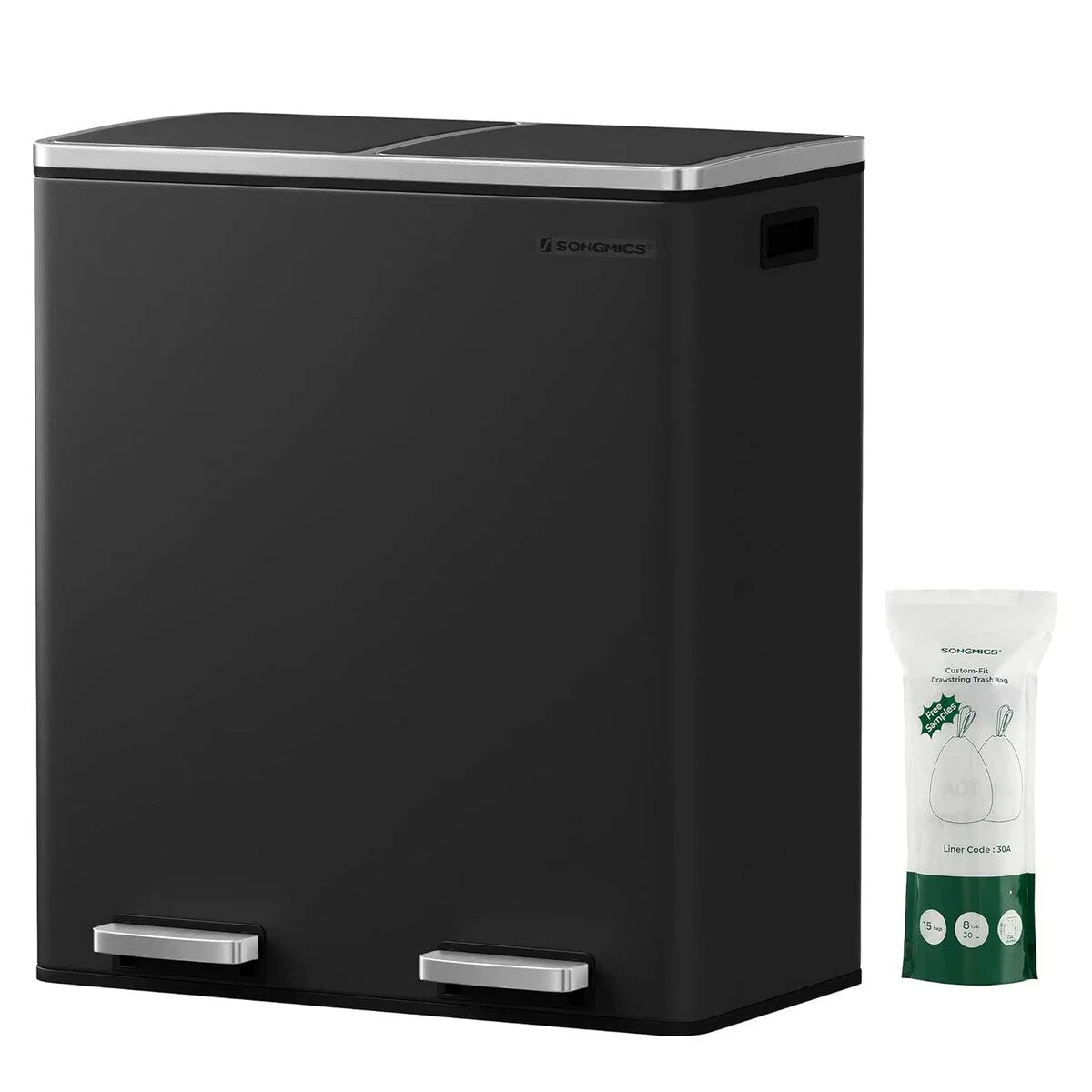 SONGMICS Poubelle double, 60L, en acier inoxydable, noire
