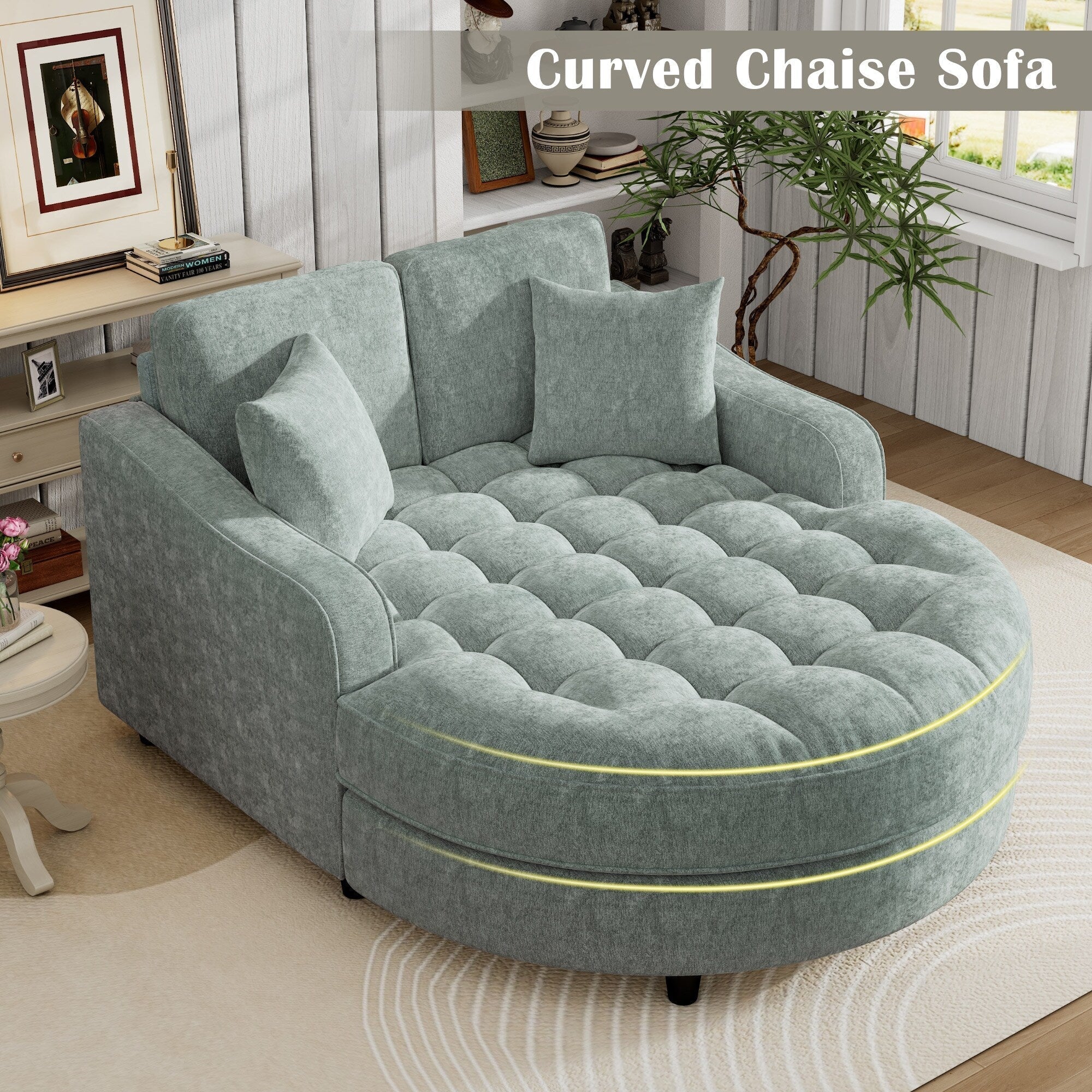 Canapé-lit Chenille avec dossier touffeté et 2 oreillers détachables pour le salon