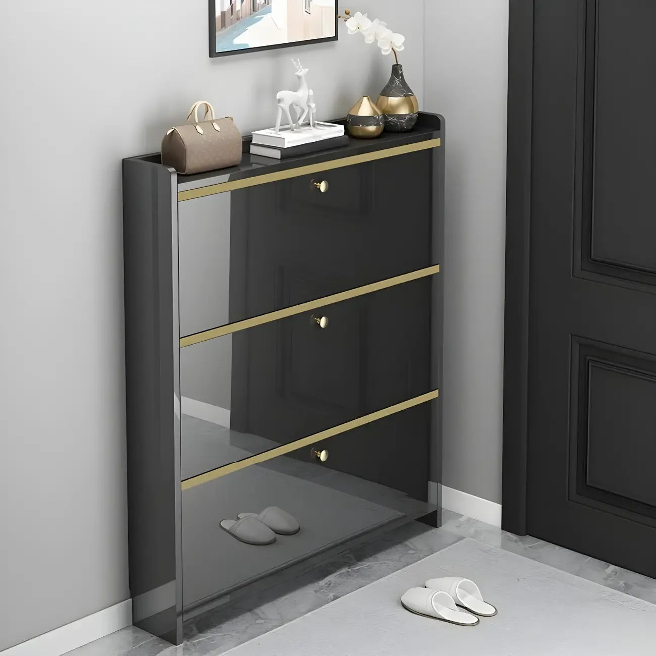 Meuble à chaussures glamour noir avec étagères réglables