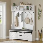 Meuble d'entrée avec banc, rangement à chaussures et patères porte-manteaux, style porte de grange