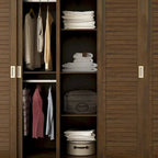 Armoire-penderie marron avec tiroirs, tringle et 4 portes coulissantes