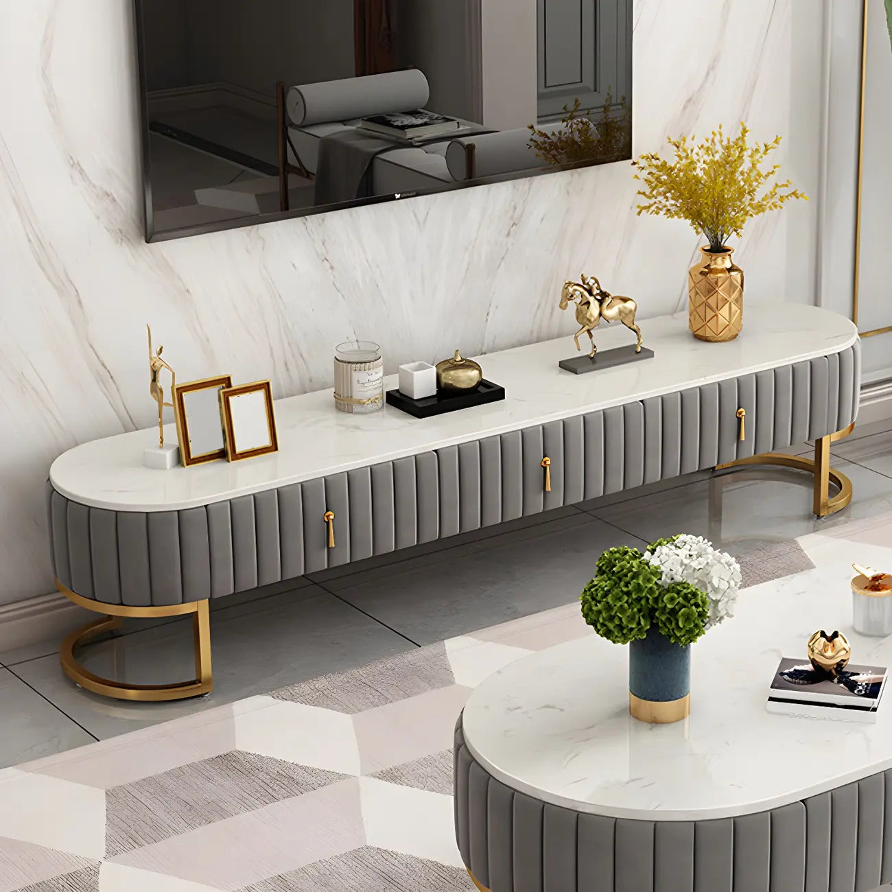 Meuble TV de rangement 79 Glam en marbre gris avec pieds