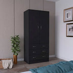 19 Armoire moderne à deux portes avec 3 tiroirs et 1 tringle de penderie pour chambre à coucher