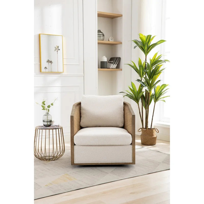 Fauteuil pivotant, fauteuil d'appoint rond confortable, fauteuil club pivotant à 360 degrés, fauteuil de loisirs avec cadre en rotin tressé