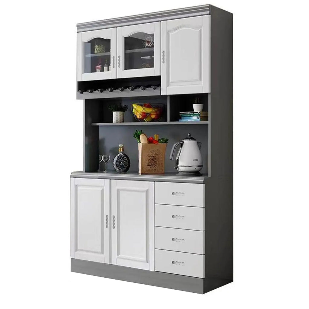 Buffet de cuisine en bois blanc avec casier à vin intégré