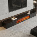 Meuble TV en pierre avec cheminée électrique noire et lumière, 87 cm de large