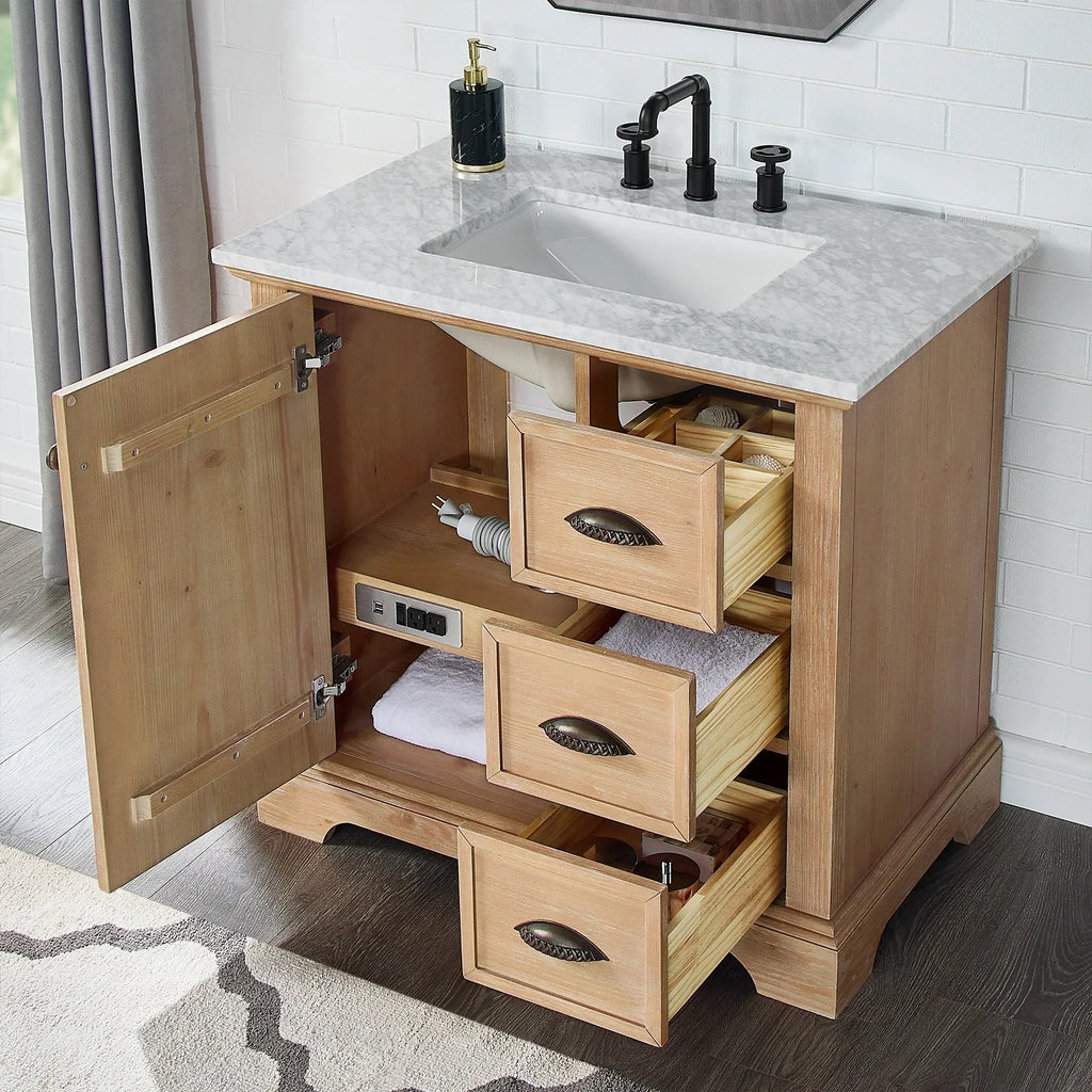 Meuble sous-vasque Hervas avec plateau en marbre naturel, sans miroir