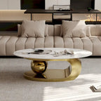 Table basse ovale moderne Pandora 51 avec plateau en pierre frittée brillante, table basse de luxe, pieds en acier inoxydable pour salon