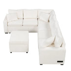 Canapé d'angle en chenille convertible, canapé-lit en forme de L avec pouf de rangement, 3 oreillers et dispositifs de charge