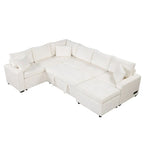 Canapé d'angle en chenille convertible, canapé-lit en forme de L avec pouf de rangement, 3 oreillers et dispositifs de charge