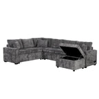 Canapé d'angle en chenille convertible, canapé-lit en forme de L avec pouf de rangement, 3 oreillers et dispositifs de charge