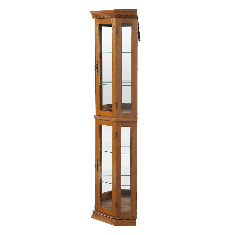 Vitrine d'angle avec éclairage, étagères réglables en verre trempé, fond miroir, meuble vitrine