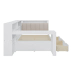 Canapé-lit d'angle en bois en forme de L avec bureau, bibliothèque, lit d'angle avec tiroirs de rangement, tête de lit rembourrée et éclairage intégré