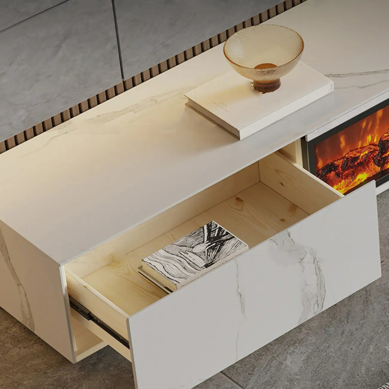 Meuble TV en pierre avec cheminée électrique noire et lumière, 87 cm de large