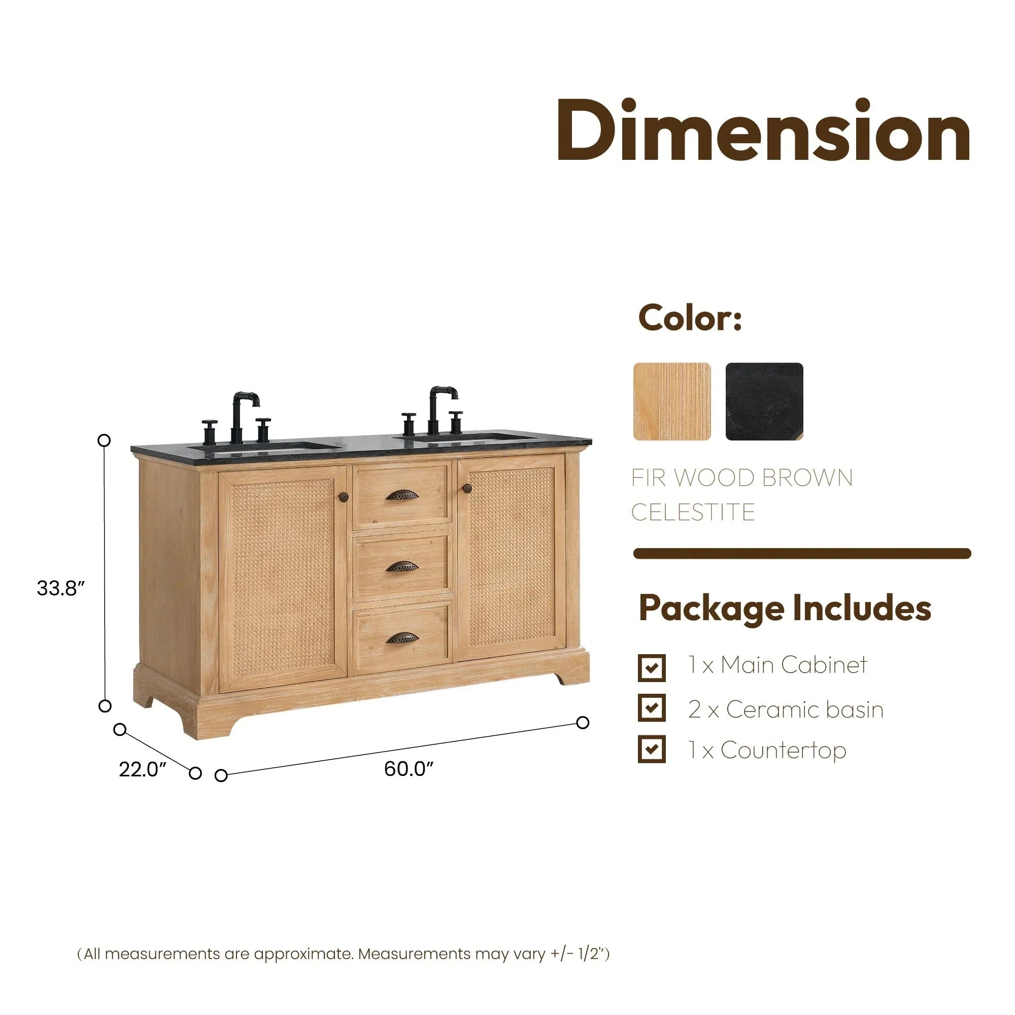 Meuble sous-vasque Hervas avec plateau en marbre naturel, sans miroir