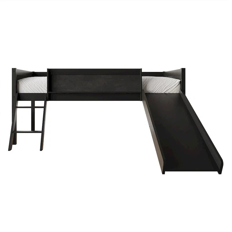 Lit mezzanine bas classique double CraftPorch avec tableau noir, toboggan et échelle