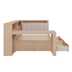 Canapé-lit d'angle en bois en forme de L avec bureau, bibliothèque, lit d'angle avec tiroirs de rangement, tête de lit rembourrée et éclairage intégré
