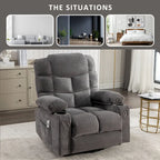 Fauteuil inclinable gris surdimensionné avec fonctions de chauffage et de massage, inclinaison à 150°, bascule à 30°, port USB pour la recharge et 2 porte-gobelets