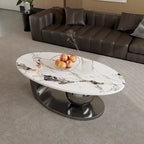 Table basse ovale moderne Pandora 51 avec plateau en pierre frittée brillante, table basse de luxe, pieds en acier inoxydable pour salon