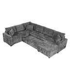 Canapé d'angle en chenille convertible, canapé-lit en forme de L avec pouf de rangement, 3 oreillers et dispositifs de charge