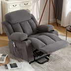Fauteuil inclinable électrique gris avec massage chauffant, chargement USB, télécommande et poches latérales pratiques pour les personnes âgées