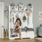 Meuble d'entrée avec banc, rangement à chaussures et patères porte-manteaux, style porte de grange
