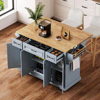 54 Grand îlot de cuisine avec plateau rabattable en bois d'hévéa, chariot de cuisine roulant à texture gaufrée sur 4 roues avec 4 portes et 3 tiroirs