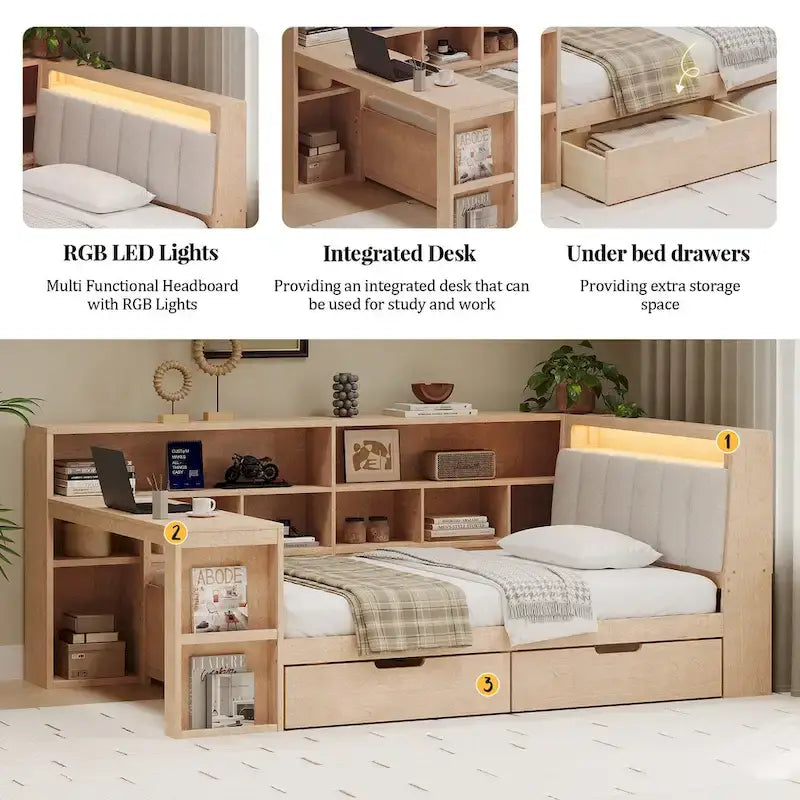 Canapé-lit d'angle en bois en forme de L avec bureau, bibliothèque, lit d'angle avec tiroirs de rangement, tête de lit rembourrée et éclairage intégré
